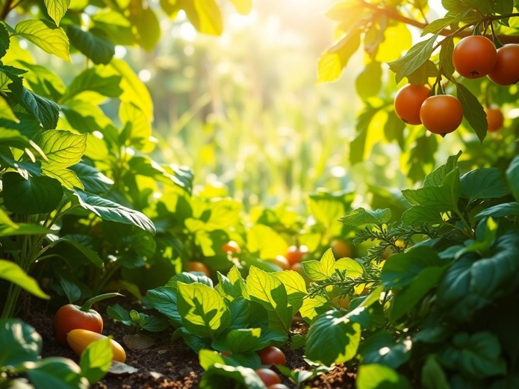 Scena naturală cu plante verzi și legume proaspete.