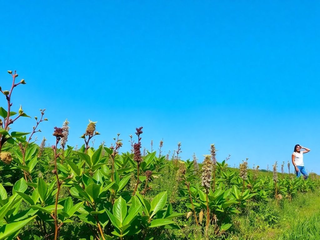 Peisaj verde cu plante diverse și cer albastru.