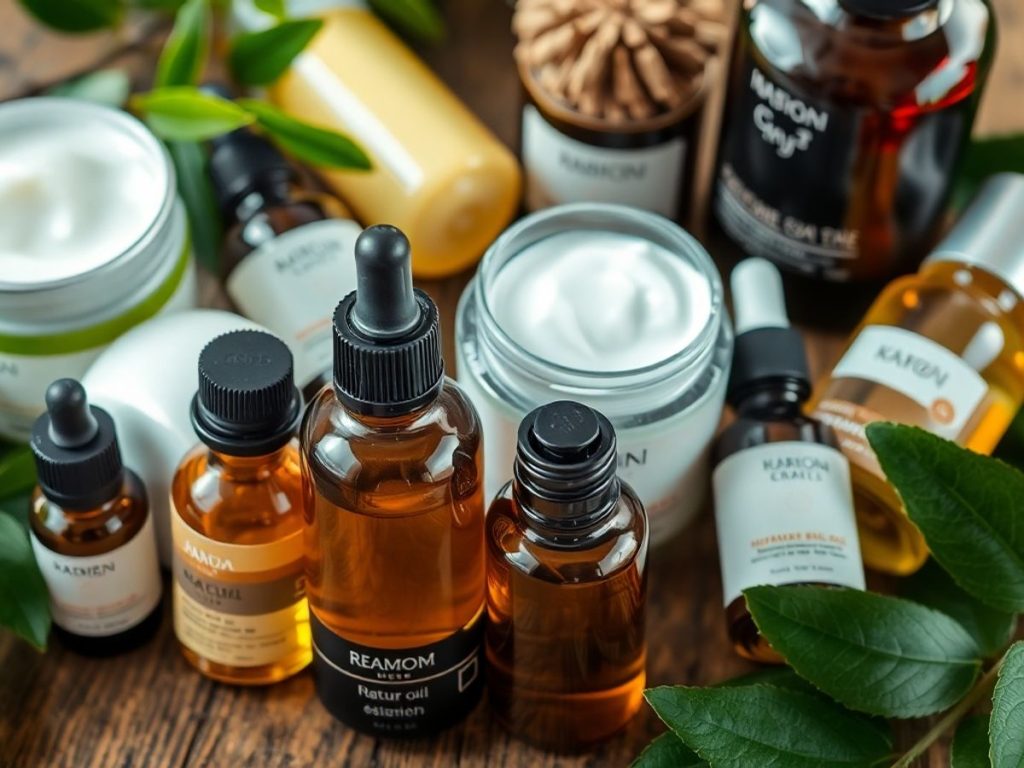 Produse cosmetice naturale pe un fundal verde.