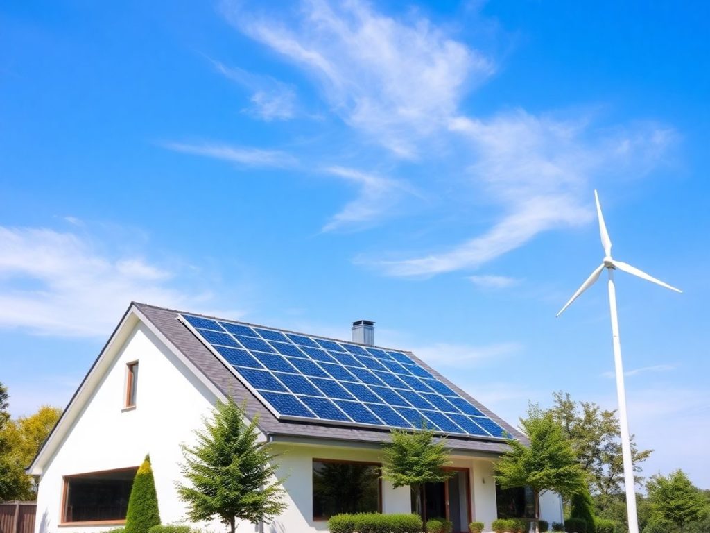 Casă cu panouri solare și turbină eoliană mici.