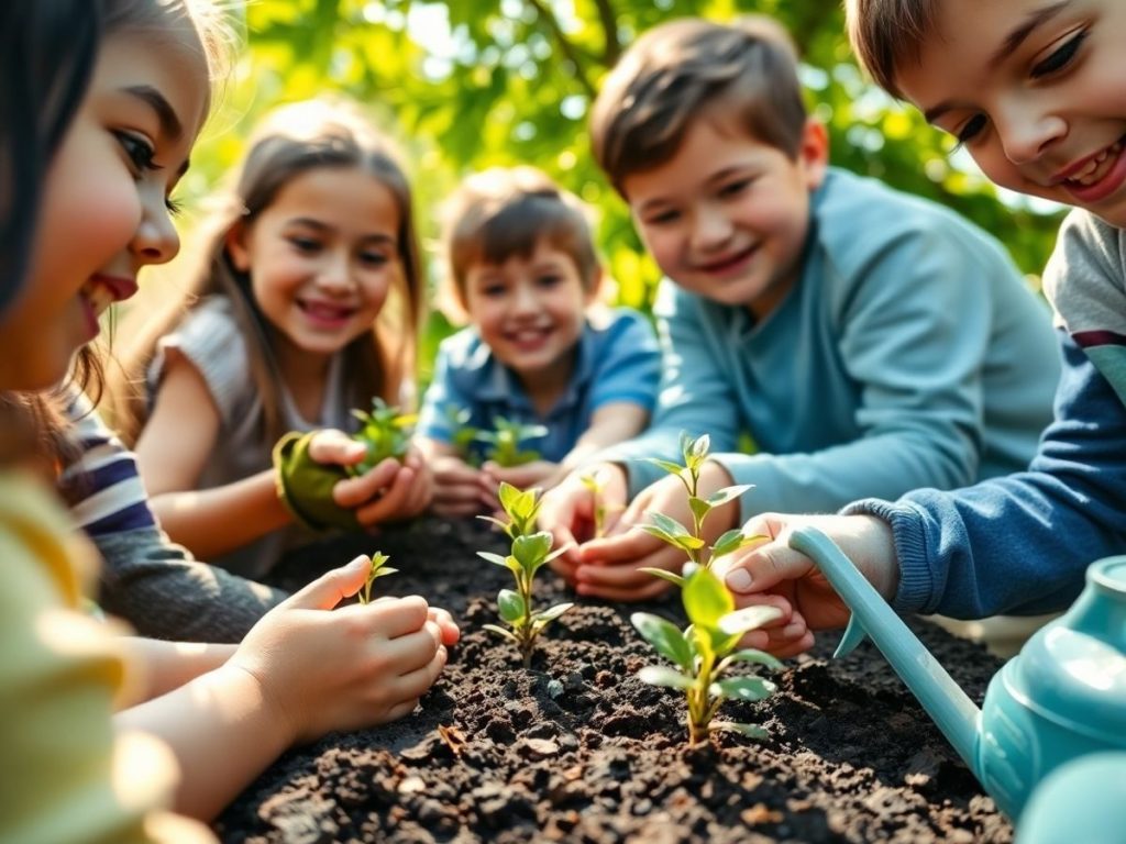 Copii zâmbitori udând plante mici verzi în aer liber.