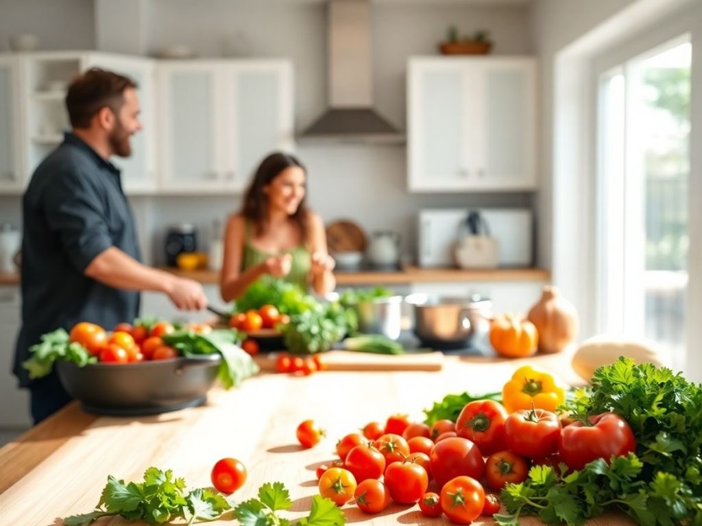 Familie gătind împreună cu legume organice proaspete în bucătărie.