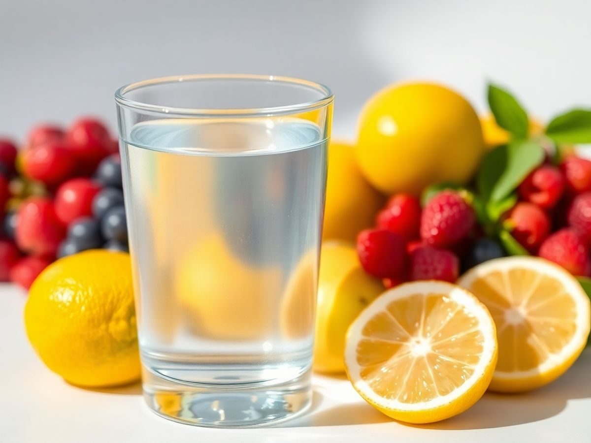 ViataBio 21 Sticlă cu apă alcalină lângă fructe proaspete.