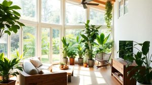 Casă ecologică plină de plante verzi și lumină naturală.