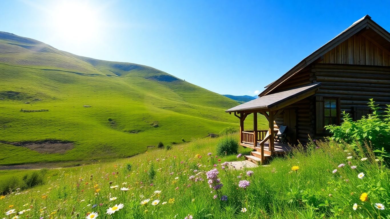 Comunitate bio rurală cu dealuri verzi și flori sălbatice.