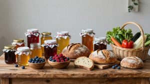 Produse bio tradiționale pe o masă rustică.