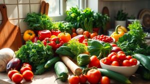 Fructe și legume proaspete pe o masă de bucătărie.